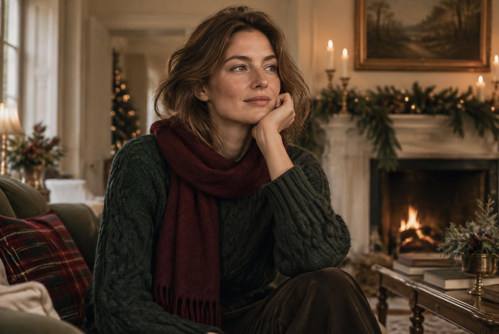 Woman in a forest green knit sweater by a fireplace